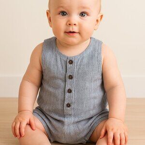 The Simple Folk French Stripe Blue White Linen Romper 18-24M NWT Organic Cotton